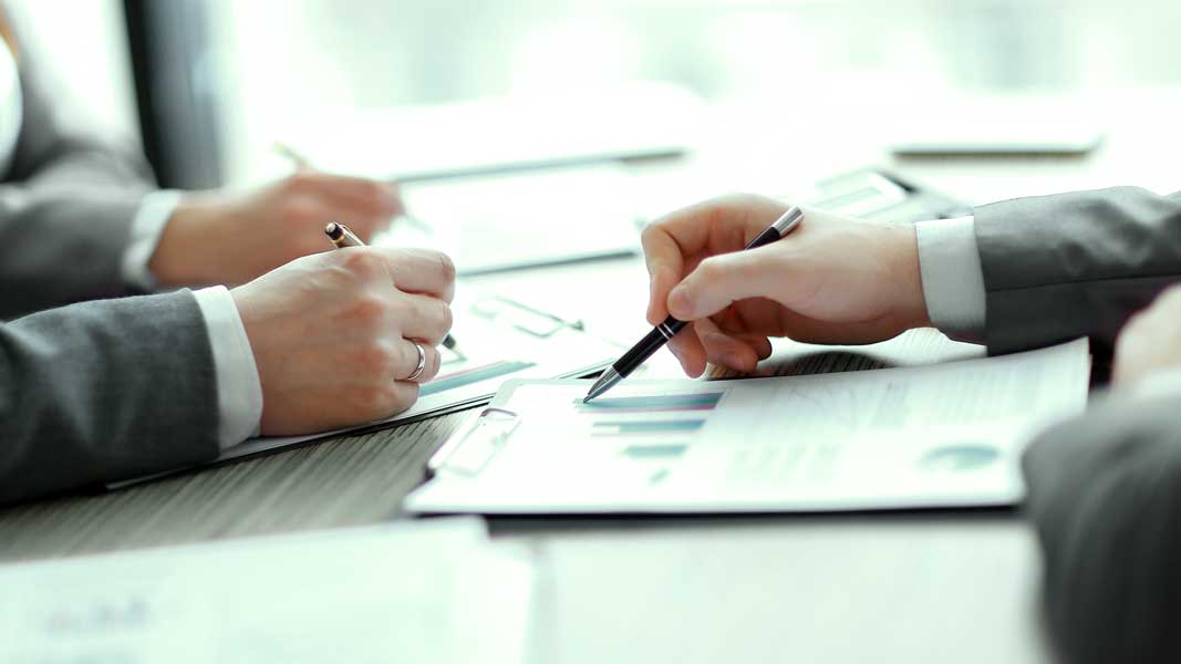 Business negotiations, discuss conditions of deal, contract. Bus Private Lender discussing loan terms