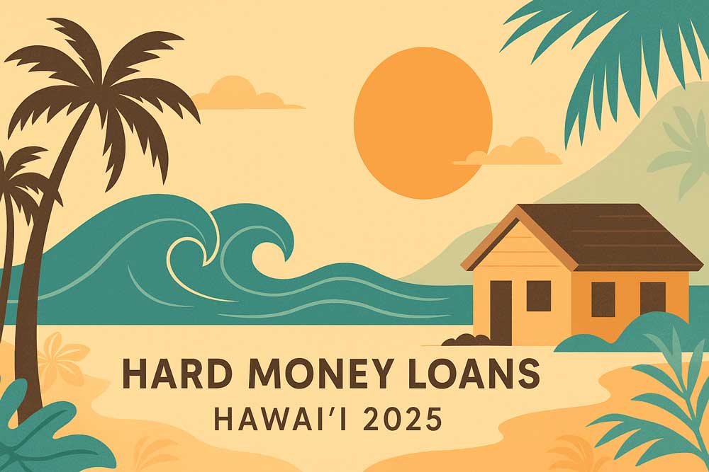 Flat-style tropical banner illustration with palm trees, waves, a Hawaiian home, and sunset representing hard money loans in Hawaiʻi 2025.