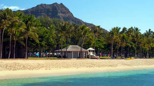 a relaxing scene of Waikiki beach with Diamond Head in the background