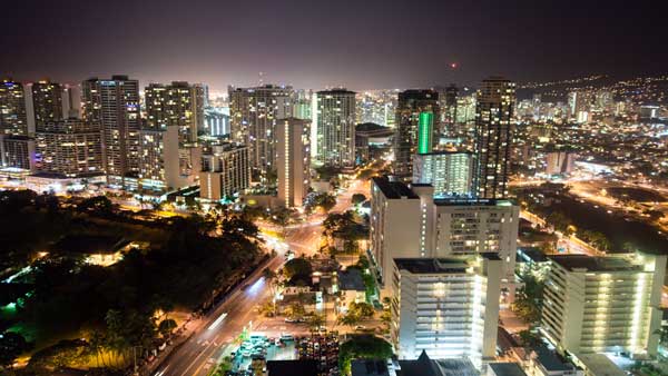 Night falls Honolulu downtown city skyline