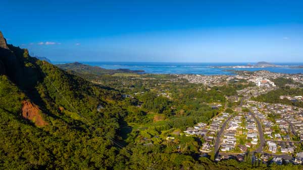 Oahu's Mountain Range and coastal residential area