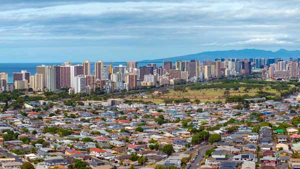 view of Honolulu and Waikiki skyline with Diamond Head crater