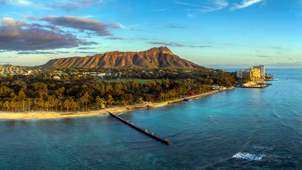 Aerial View of Waikiki Beach and Diamond Head Crater at Sunset View of Waikiki Beach and Diamond Head Crater at sunset