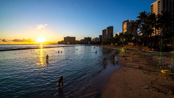 ocean waters Waikiki beach and hotel towers