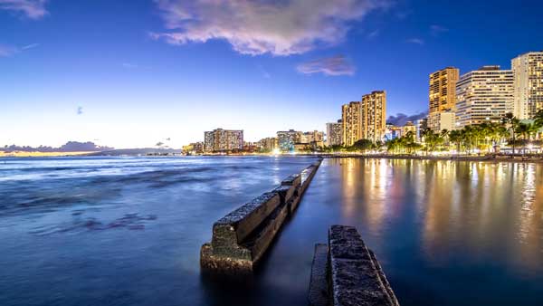 Sunset at Waikiki beach area in Oahu Hawaii