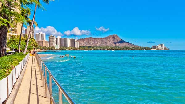 Waikiki shoreline with tourists in Honolulu Hawaii