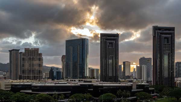 Waterfront Plaza with adjacent high rise building in Honolulu