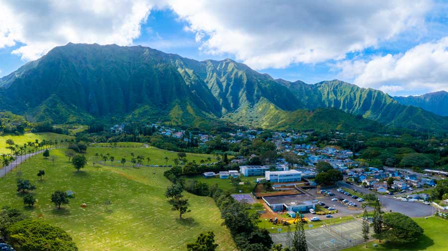 aerial view of lush valley and Ko Olau mountains on Oahu