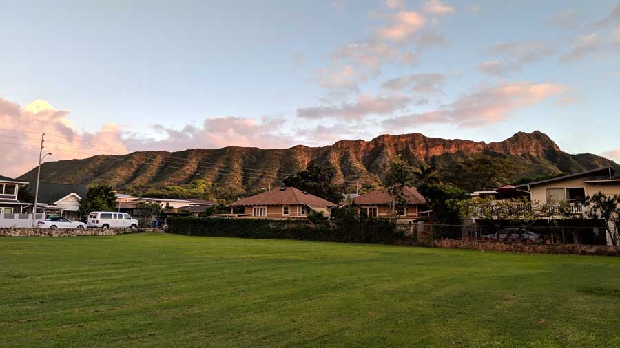 Paki community park at dusk with Diamond Head crater