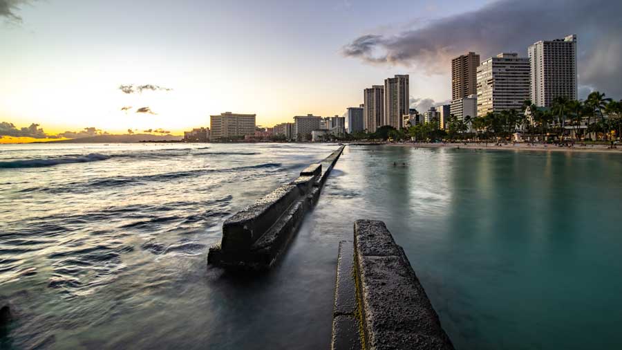 sunset at Waikiki beach area in Oahu Hawaii