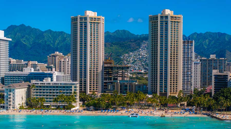 Waikiki beach and Honolulu skyline in Oahu Hawaii