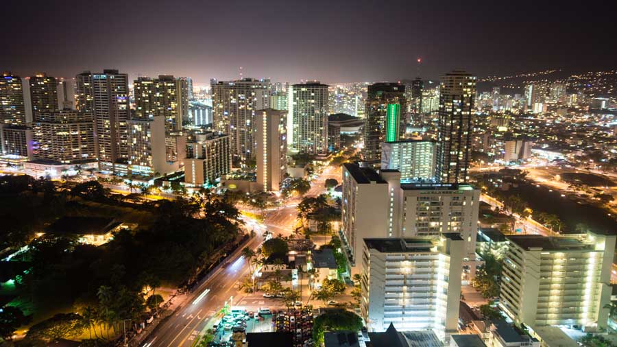 night falls in Honolulu downtown Hawaii