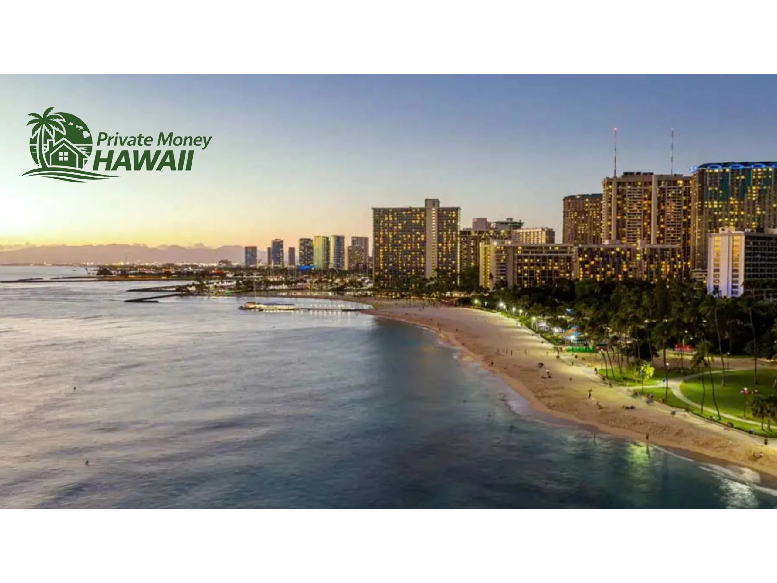 Photo of coastal skyline at sunset with Private Money Hawaii logo