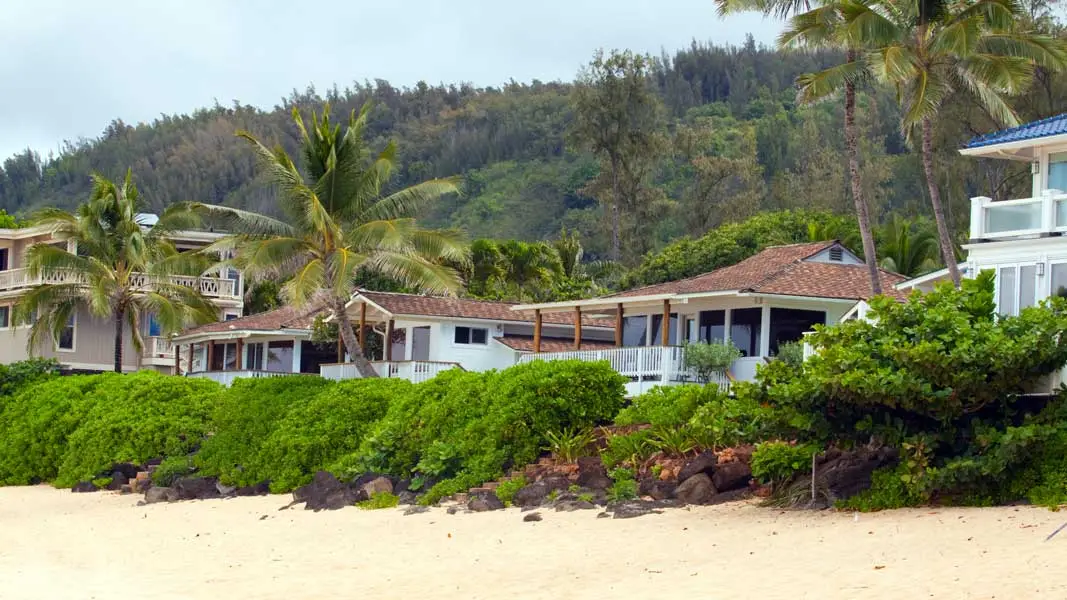 Photo-of-luxury-hawaiian-beachfront-houses-and-palm-trees-along-a-tropical-coast